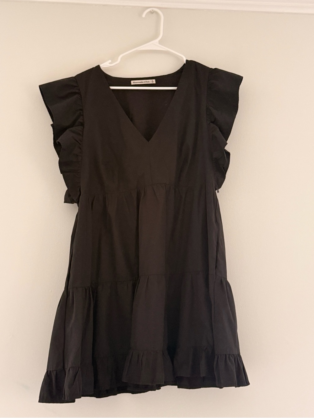 Girls Black Ruffle Sleeve Tiered Mini Dress, size with Pockets